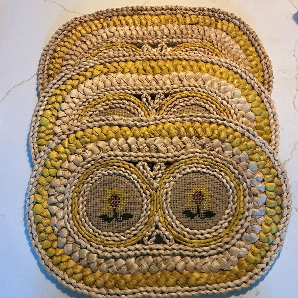 3 Vintage Wicker Rattan Embroidered Placemats
